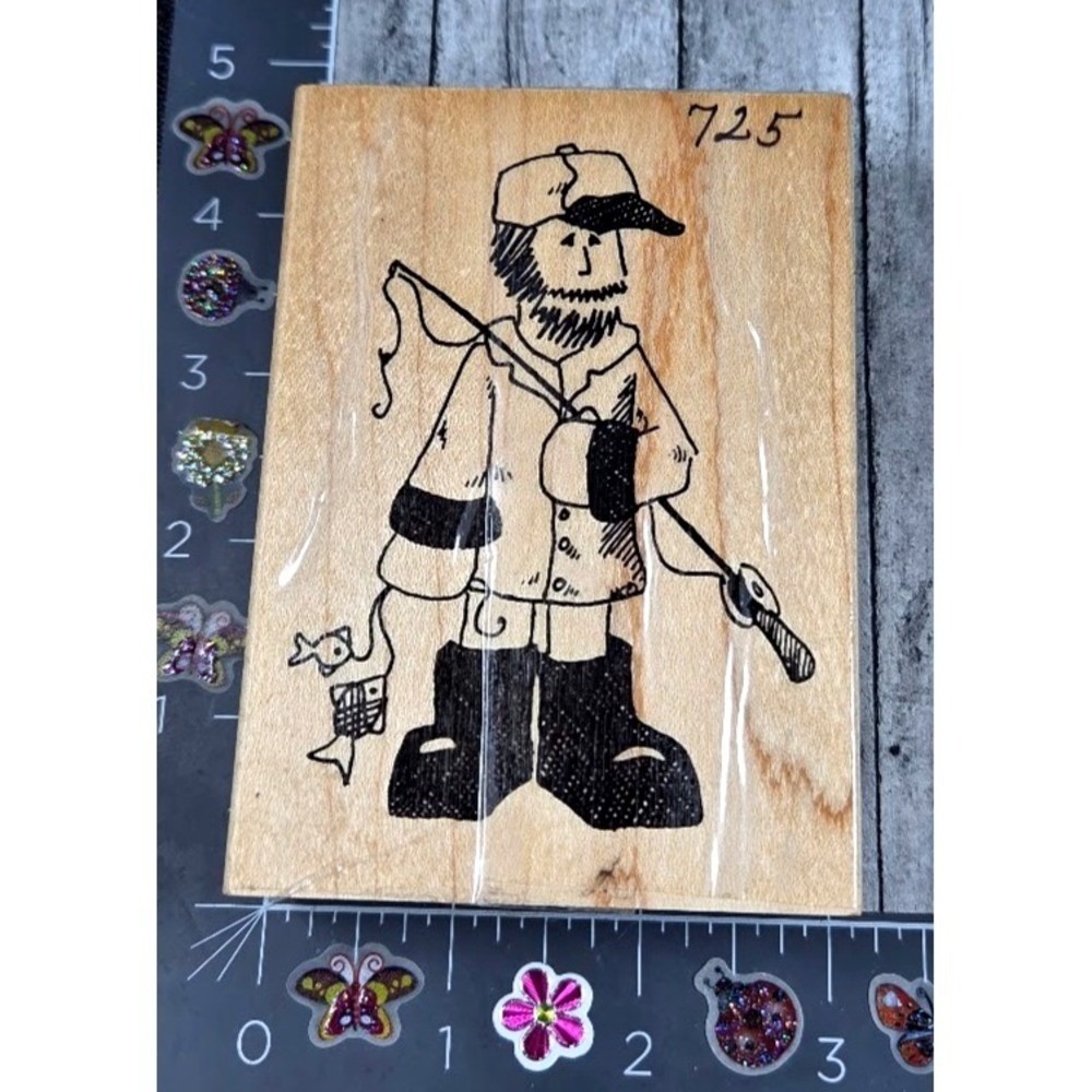 Heather Fisherman Man Beard Hat R18 Rubber Stamp Wood #Q71